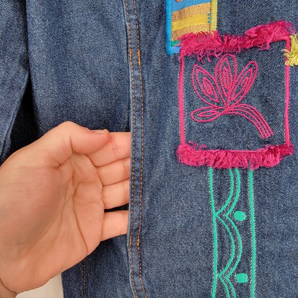 Vintage Saint Germain Women's Denim‎ Embroidered Patchwork Jacket Size Petite - Picture 8 of 11